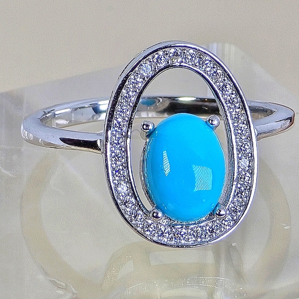 925 Sterling Silver Ring SZ 7.25 with Oval Natural Turquoise 8x6mm Gem